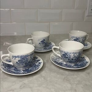 Wedgwood Countryside Blue Transferware set of 4 cups & saucers 1960 collectible